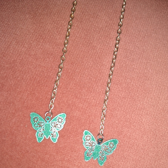 Solid 925 Sterling Silver Hooks Long Chain Blue Handmade Butterfly Earrings New - Picture 5 of 9